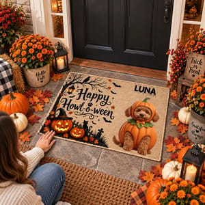 Personalized Halloween Door Mat Custom Pet Photo & Name – Happy Howl-O-Ween Pumpkin Dog Welcome Mat Spooky Home Decor