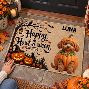 Personalized Halloween Door Mat Custom Pet Photo & Name – Happy Howl-O-Ween Pumpkin Dog Welcome Mat Spooky Home Decor