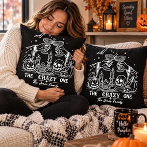 Personalized Spooky Halloween Throw Pillow - Custom Family Name Pumpkin Skull Cocktail Design