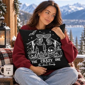 Personalized Spooky Halloween Throw Pillow - Custom Family Name Pumpkin Skull Cocktail Design