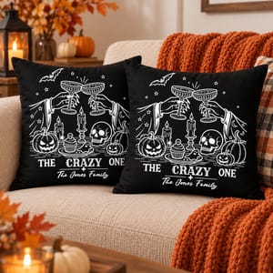 Personalized Spooky Halloween Throw Pillow - Custom Family Name Pumpkin Skull Cocktail Design