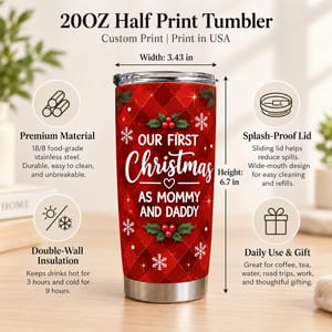 Personalized 20oz Tumbler Custom Family Photo – Our First Christmas Mommy & Daddy Holiday Keepsake Gift