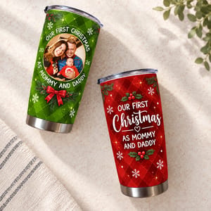 Personalized 20oz Tumbler Custom Family Photo – Our First Christmas Mommy & Daddy Holiday Keepsake Gift
