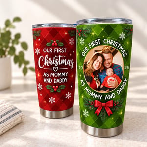 Personalized 20oz Tumbler Custom Family Photo – Our First Christmas Mommy & Daddy Holiday Keepsake Gift