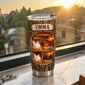 Personalized Chicken Tumbler 20oz Custom Text, Rustic Farmhouse Hen Travel Cup, Cozy Country Coop Drink Tumbler, Gift for Chicken Lovers