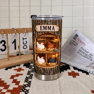 Personalized Chicken Tumbler 20oz Custom Text, Rustic Farmhouse Hen Travel Cup, Cozy Country Coop Drink Tumbler, Gift for Chicken Lovers