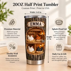 Personalized Chicken Tumbler 20oz Custom Text, Rustic Farmhouse Hen Travel Cup, Cozy Country Coop Drink Tumbler, Gift for Chicken Lovers