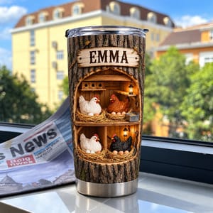 Personalized Chicken Tumbler 20oz Custom Text, Rustic Farmhouse Hen Travel Cup, Cozy Country Coop Drink Tumbler, Gift for Chicken Lovers