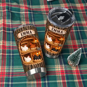 Personalized Chicken Tumbler 20oz Custom Text, Rustic Farmhouse Hen Travel Cup, Cozy Country Coop Drink Tumbler, Gift for Chicken Lovers