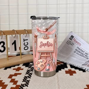 Custom Text Artist Tumbler 20oz, Personalized Painting Travel Cup, Pink Rose Gold Art Tumbler, Painter Gift, Art Lover Gift