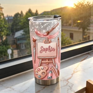Custom Text Artist Tumbler 20oz, Personalized Painting Travel Cup, Pink Rose Gold Art Tumbler, Painter Gift, Art Lover Gift