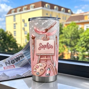 Custom Text Artist Tumbler 20oz, Personalized Painting Travel Cup, Pink Rose Gold Art Tumbler, Painter Gift, Art Lover Gift