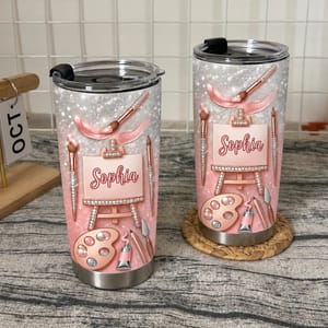 Custom Text Artist Tumbler 20oz, Personalized Painting Travel Cup, Pink Rose Gold Art Tumbler, Painter Gift, Art Lover Gift