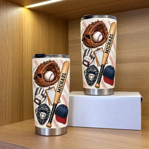 Personalized Baseball Tumbler 20oz Custom Text, Baseball Glove Bat & Ball Travel Cup, Sports Drink Tumbler for Player Coach Dad, Baseball Gift