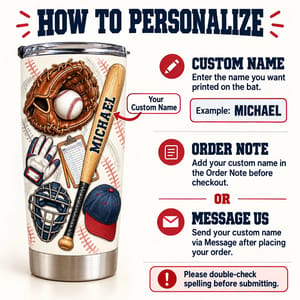 Personalized Baseball Tumbler 20oz Custom Text, Baseball Glove Bat & Ball Travel Cup, Sports Drink Tumbler for Player Coach Dad, Baseball Gift