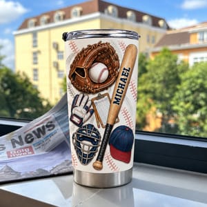 Personalized Baseball Tumbler 20oz Custom Text, Baseball Glove Bat & Ball Travel Cup, Sports Drink Tumbler for Player Coach Dad, Baseball Gift