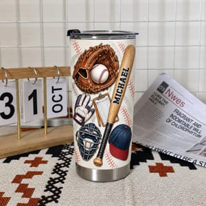 Personalized Baseball Tumbler 20oz Custom Text, Baseball Glove Bat & Ball Travel Cup, Sports Drink Tumbler for Player Coach Dad, Baseball Gift