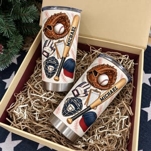Personalized Baseball Tumbler 20oz Custom Text, Baseball Glove Bat & Ball Travel Cup, Sports Drink Tumbler for Player Coach Dad, Baseball Gift