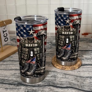Custom Military Tribute Tumbler, Personalized Name Patriotic USA Flag Cup