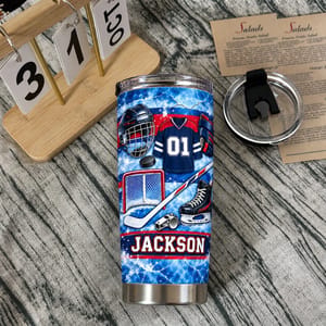 Personalized Hockey Tumbler 20oz Custom Text, Ice Hockey Travel Cup, Hockey Gear Inspired Drink Tumbler, Player Coach Dad Gift
