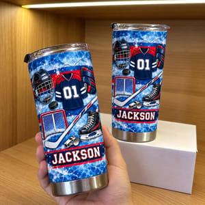 Personalized Hockey Tumbler 20oz Custom Text, Ice Hockey Travel Cup, Hockey Gear Inspired Drink Tumbler, Player Coach Dad Gift