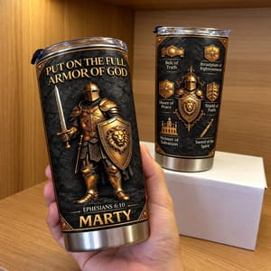 Personalized 20oz Tumbler Custom Name – Armor of God Christian Gift, Ephesians 6:10 Faith Warrior Stainless Steel Cup