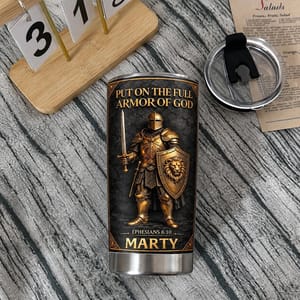 Personalized 20oz Tumbler Custom Name – Armor of God Christian Gift, Ephesians 6:10 Faith Warrior Stainless Steel Cup