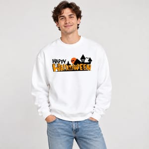 Happy Halloween Sweatshirt – Spooky Haunted House and Pumpkin Graphic Crewneck Sweatshirt, Cute Halloween Sweater, Fall Outfit, Halloween Gift for Men and Women