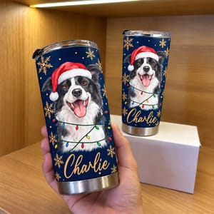 Personalized 20oz Tumbler Custom Pet Photo & Name – Christmas Dog Lover Gift, Santa Hat Holiday Stainless Steel Travel Cup