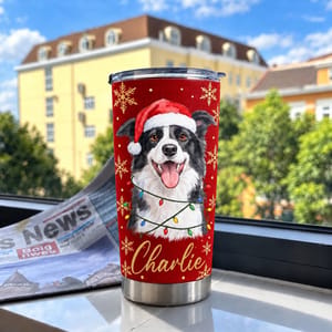 Personalized 20oz Tumbler Custom Pet Photo & Name – Christmas Dog Lover Gift, Santa Hat Holiday Stainless Steel Travel Cup
