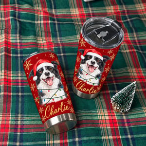 Personalized 20oz Tumbler Custom Pet Photo & Name – Christmas Dog Lover Gift, Santa Hat Holiday Stainless Steel Travel Cup
