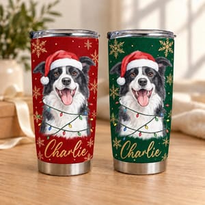 Personalized 20oz Tumbler Custom Pet Photo & Name – Christmas Dog Lover Gift, Santa Hat Holiday Stainless Steel Travel Cup