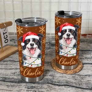 Personalized 20oz Tumbler Custom Pet Photo & Name – Christmas Dog Lover Gift, Santa Hat Holiday Stainless Steel Travel Cup