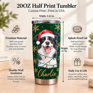 Personalized 20oz Tumbler Custom Pet Photo & Name – Christmas Dog Lover Gift, Santa Hat Holiday Stainless Steel Travel Cup