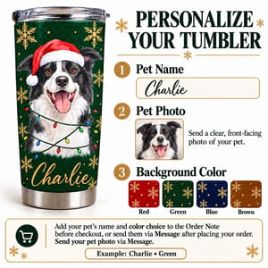 Personalized 20oz Tumbler Custom Pet Photo & Name – Christmas Dog Lover Gift, Santa Hat Holiday Stainless Steel Travel Cup