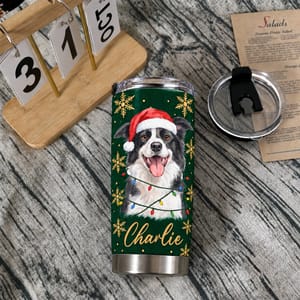 Personalized 20oz Tumbler Custom Pet Photo & Name – Christmas Dog Lover Gift, Santa Hat Holiday Stainless Steel Travel Cup