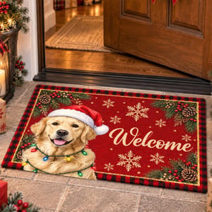 Custom Pet Photo Christmas Doormat, Personalized Dog Welcome Mat, Santa Puppy Holiday Door Decor, Christmas Gift for Dog & Cat Lovers