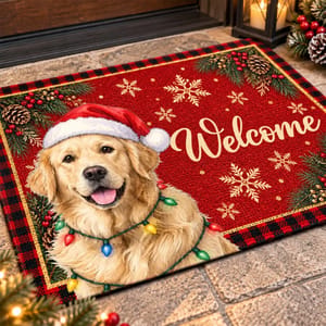 Custom Pet Photo Christmas Doormat, Personalized Dog Welcome Mat, Santa Puppy Holiday Door Decor, Christmas Gift for Dog & Cat Lovers