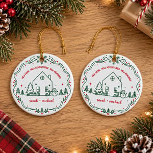Personalized Round Ceramic Christmas Ornament Custom Name – New Home New Adventures Couple Keepsake Christmas Gift