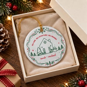 Personalized Round Ceramic Christmas Ornament Custom Name – New Home New Adventures Couple Keepsake Christmas Gift