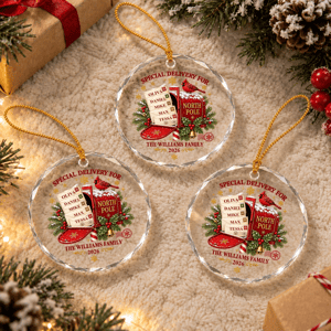 [3D Print Effect] Personalized Glass Christmas Ornament for Families - Special Delivery