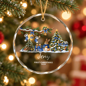 Personalized First Christmas Ornament Custom Name Bunny Christmas Tree Round Glass Ornament