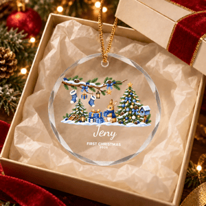 Personalized First Christmas Ornament Custom Name Bunny Christmas Tree Round Glass Ornament