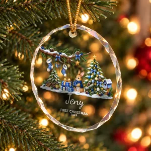 Personalized First Christmas Ornament Custom Name Bunny Christmas Tree Round Glass Ornament