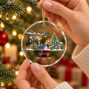 Personalized First Christmas Ornament Custom Name Bunny Christmas Tree Round Glass Ornament