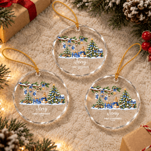 Personalized First Christmas Ornament Custom Name Bunny Christmas Tree Round Glass Ornament