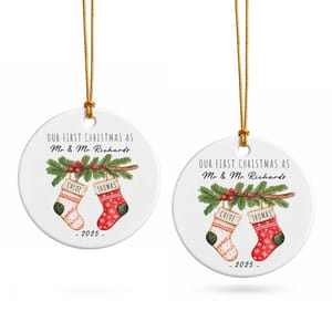 Personalized Round Ceramic Christmas Ornament Custom Names – Our First Christmas As Mr & Mrs Stocking Couple Keepsake Gift