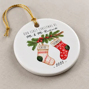 Personalized Round Ceramic Christmas Ornament Custom Names – Our First Christmas As Mr & Mrs Stocking Couple Keepsake Gift