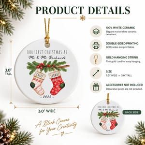 Personalized Round Ceramic Christmas Ornament Custom Names – Our First Christmas As Mr & Mrs Stocking Couple Keepsake Gift