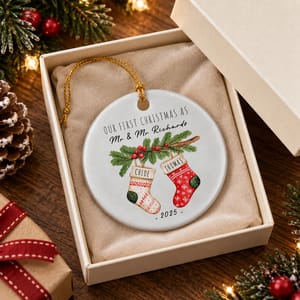 Personalized Round Ceramic Christmas Ornament Custom Names – Our First Christmas As Mr & Mrs Stocking Couple Keepsake Gift